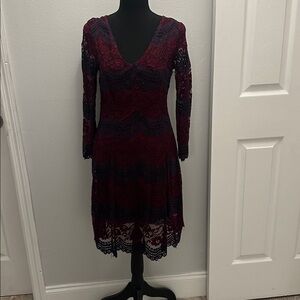Cato Burgundy and Navy Lace Long Sleeve Dress